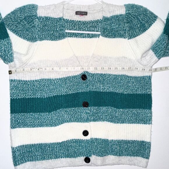Vince Camuto Puff Sleeve Cardigan Button Front Knit Teal Grey Cream Striped L - Picture 6 of 10